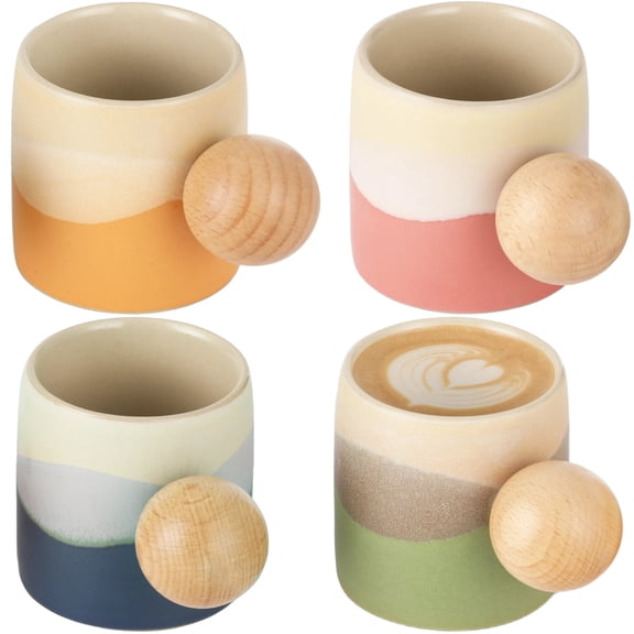 4PCS Ceramic Espresso Cups, 2.4oz Demitasse Coffee Cup with Wooden Ball Handle, Gradient Color Small Coffee Mug Set, Ceramic Tea Cups with Present Box Packaging