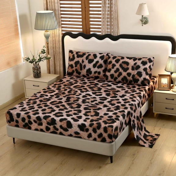 4PCS Cheetah SheetsLeopard Print Sheets Full Included 1 FittedSheet with 14'' Deep Pocket + 1 Top FlatSheet + 2 Pillowcases for Kids Teens Adultsno Velvet, just Velvet Look