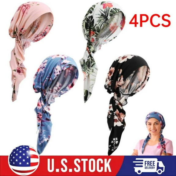 4PCS Chemo Headwear Women Pre Tied Caps Patients Soft Cotton Elastic Head Scarf
