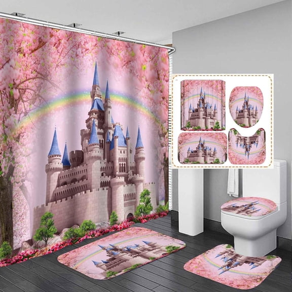 4PCS Cherry Blossom Castle Shower Curtain Sets with Rugs, Waterproof Fabric Shower Curtain Pink Sakura Floral Tree Rainbow Fantasy Wonderland Fairy Tale Princess Teen Girls Kids Bathroom Decor