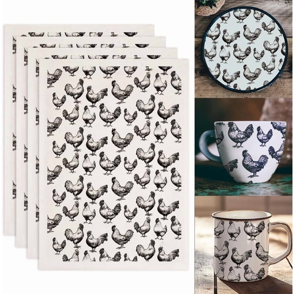 4PCS Chickens Underglaze Transfers DIY for Pottery Animal Transfer Stickers Ceramic Decals Ceramic Underglaze Transfers DIY for Pottery Overglaze Enamel Decal Waterslide Decal