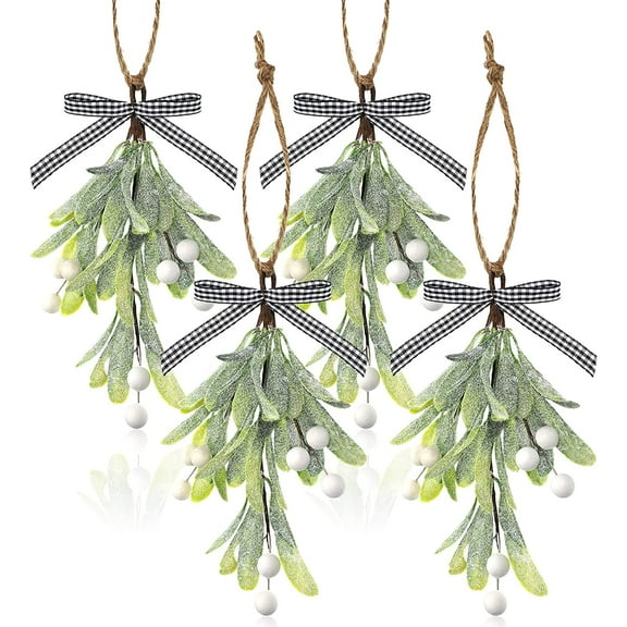 4PCS Christmas Artificial Mistletoe Decoration Picks, Buffalo Plaid Bow White Berries Mistletoe Kissing Ball Christmas Ball Ornaments Hanging Mistletoe Decoration for Christmas Party Tree Decorations