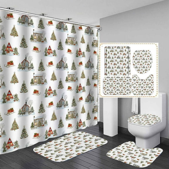 4PCS Christmas Black Santa Claus Shower Curtain Sets with Rugs, Waterproof Fabric Black Shower Curtain, Winter Snowflake Xmas Gifts Holiday African American Black Man Afro Men Bathroom Decor