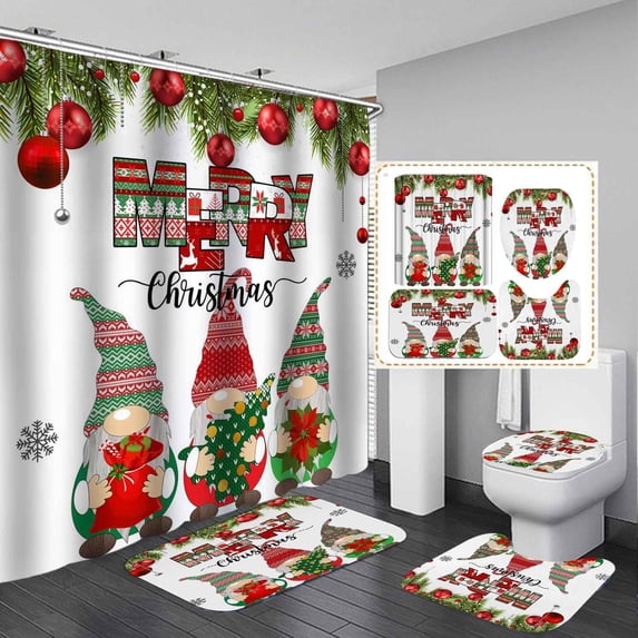 4PCS Christmas Shower Curtain Sets with Rugs, Waterproof Fabric Shower Curtain, Patchwork Red Plaid Xmas Tree Black Deer Moose Reindeer Wildlife Cabin Hunting Snowflake Winter Bathroom Decor