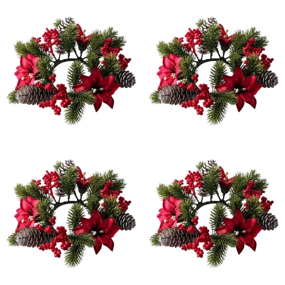 4PCS Christmas Candle Rings 7.87x2.95 Inch Small Candle Wreaths with Red Berries Pine Cones, Artificial Candle Ring Holder for Xmas Table Mantel Party Decor