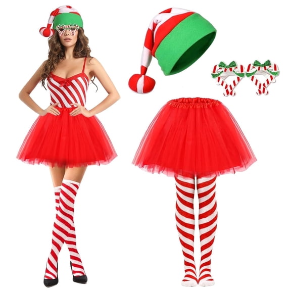 VETPW 4PCS Christmas Candy Cane Costume for Women, Christmas Hats Candy Cane Glasses Red Tutu Skirt Striped Knee High Socks, Christmas Candy Cane Outfit Christmas Costumes for Women Holiday Party