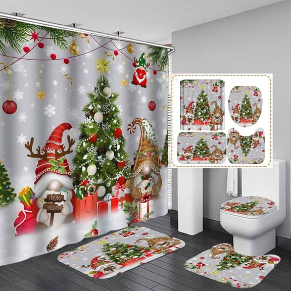 4PCS Christmas Cardinal Shower Curtain Set, Waterproof Fabric White Shower Curtain, Non-Slip Bath Mat Bathroom Rugs, Red Green Plaid Bird Berry Holly Fir Floral New Year Holiday Bathroom Decor
