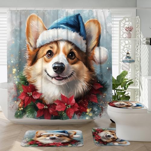4PCS Christmas Corgi Dog Shower Curtain Sets with Non-Slip Rug, U Shape and Toilet Lid Cover Mat, Funny Puppy Xmas Poinsettia Home Decor, Bathroom Accessory with 12 Hooks