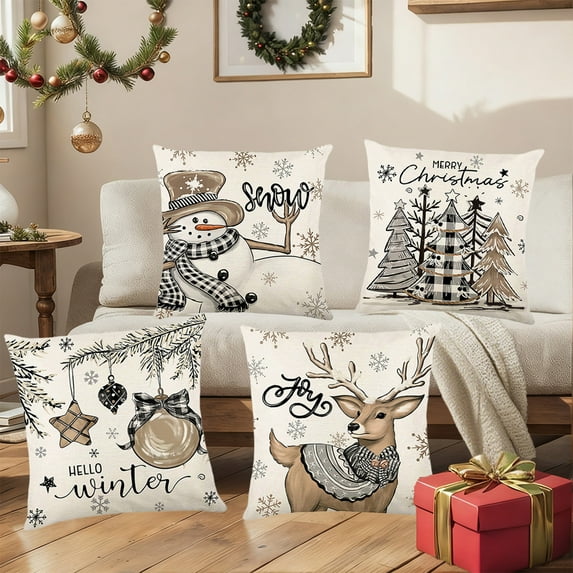 4PCS Christmas Decorative Throw Pillow Covers 18x18" Christmas Pillowcase Santa Claus Print Pillowcase Holiday Bedroom Home Decors Cushion Cover for Couch Sofa Bed