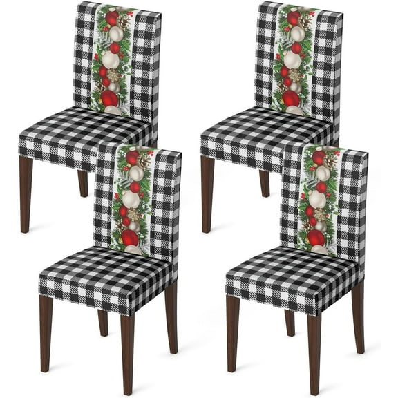 4PCS Christmas Dining Chair Covers,Buffalo Plaid Christmas Balls Stretch Removable Washable Slipcover Chair Protector for Dining Room Home Decor