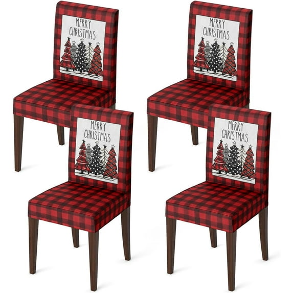 4PCS Christmas Dining Chair Covers,Red Buffalo Plaid Trees Stretch Removable Washable Slipcover Chair Protector for Dining Room Home Decor