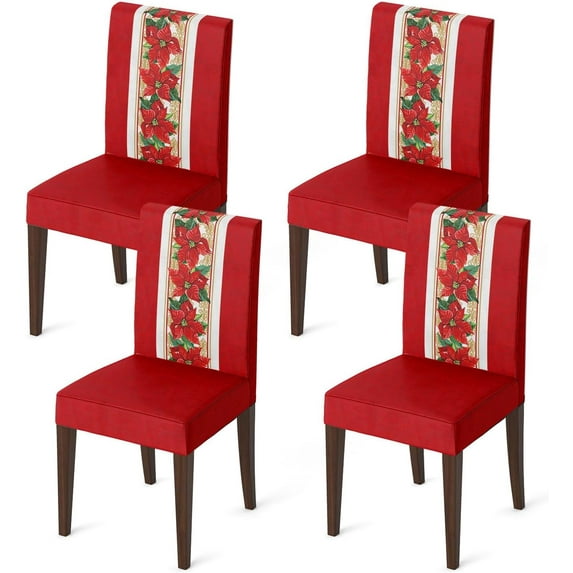 4PCS Christmas Dining Chair Covers,Watercolor Red Poinsettia Stretch Removable Washable Slipcover Chair Protector for Dining Room Home Decor