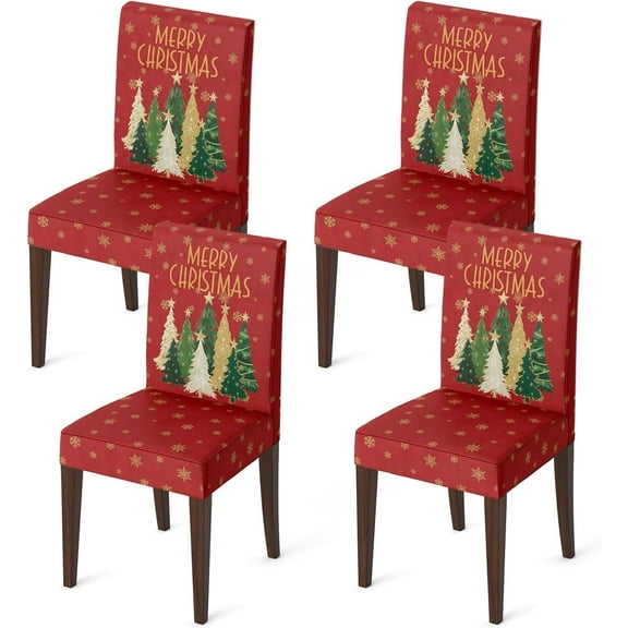 4PCS Christmas Dining Red Chair Covers, Christmas Pine Tree Stars Stretch Removable Washable Slipcover Chair Protector for Dining Room Home Decor
