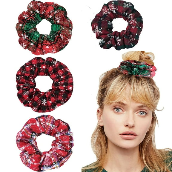 4PCS Christmas Hair Scrunchies, Buffalo Plaid Hair Ties, Soft Elastic Hair Bands, Red Green Checkered Hair Ties, Snowflake Xmas Ponytail Holders for Women Girls Hair Accessories
