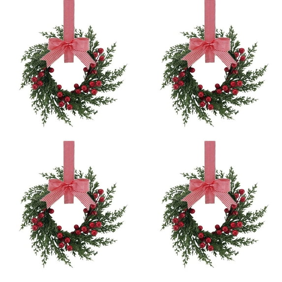 4PCS Christmas Kitchen Cabinet Wreaths with Plaid Bow Ribbon Hanging Cabinet Door Mini Wreaths for Kitchen Window Fireplace Wall Indoor Outdoor Holiday Decor