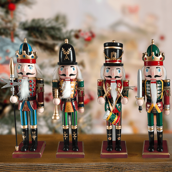 4PCS Christmas Nutcracker Decoration Ornaments,12 inch Traditional Painted Wooden Nutcracker Soldier Doll, Nutcracker Figurines Holiday Party Tabletop Christmas Decorations