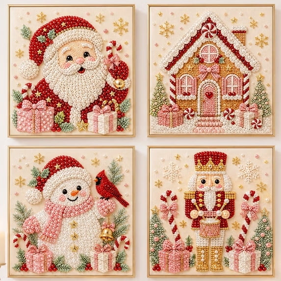 4PCS Christmas Pearl Painting Kits for Adults, DIY Christmas Pearl Art Kit with Santa, Snowman, Gingerbread House & Nutcracker, Bead Painting Kit Holiday Decor/Gift for Craft Lovers
