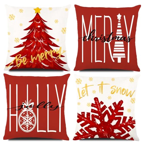 4PCS Christmas Pillow Covers 18x18 inch Winter Throw Pillow Covers Red