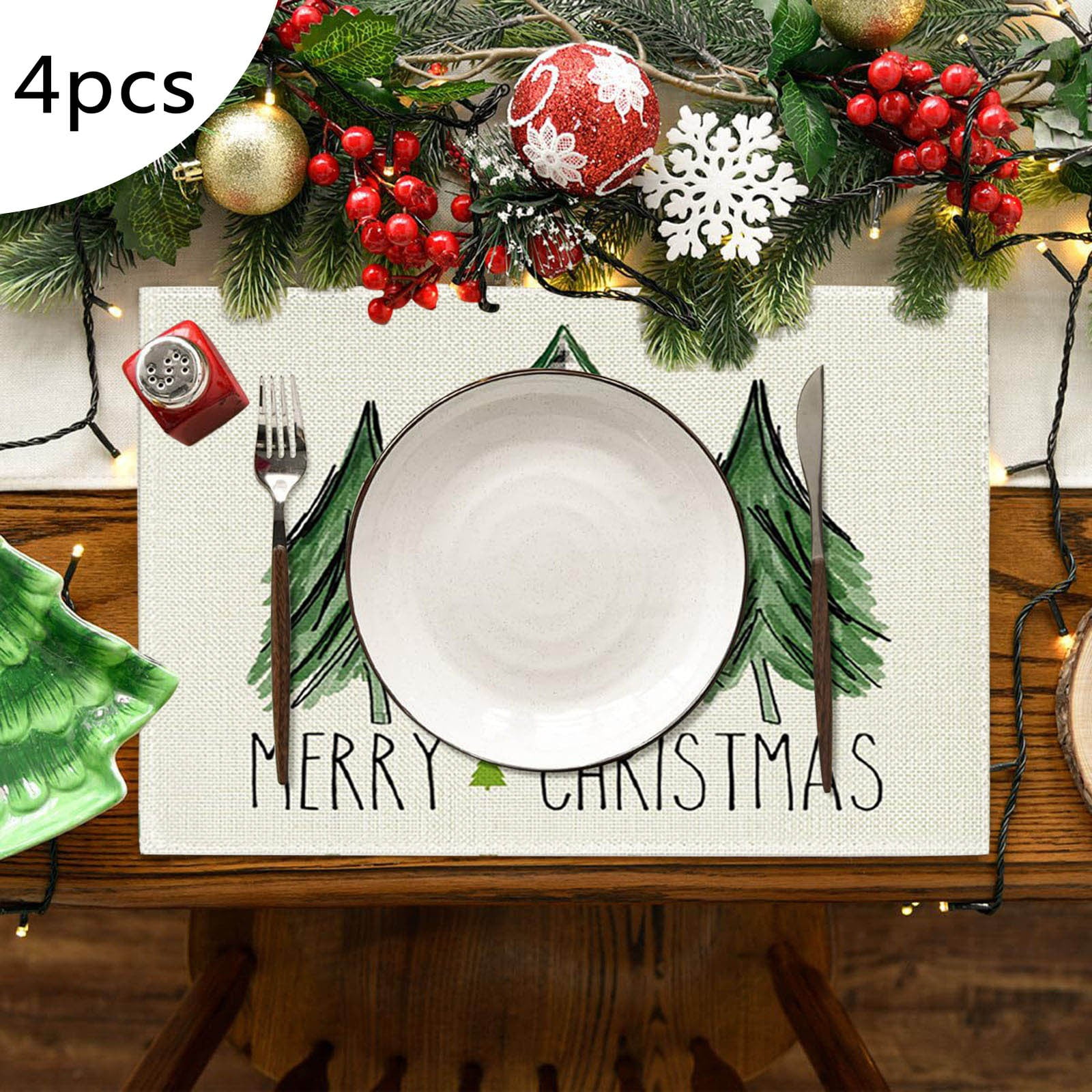 4PCS Christmas Placemat Cotton Linen Tablecloth Thermal Mat Kitchen