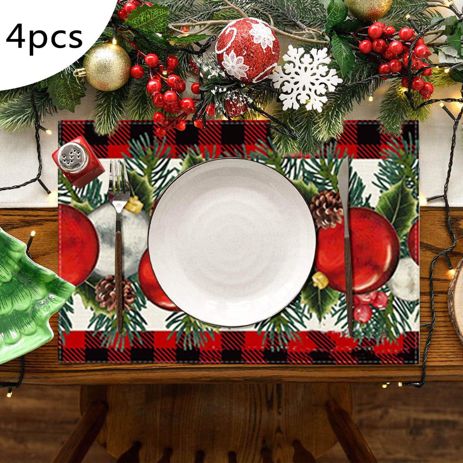 4PCS Christmas Placemat Flax Tablecloth Thermal Mat Kitchen Table grey