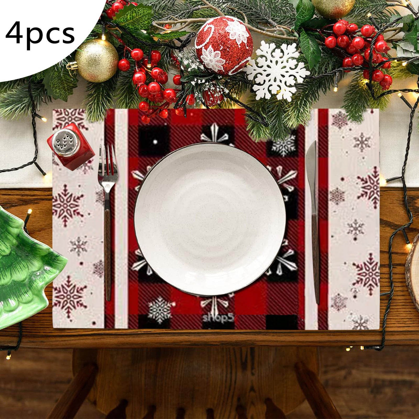 4PCS Christmas Placemat Flax Tablecloth Thermal Mat Kitchen Table plate