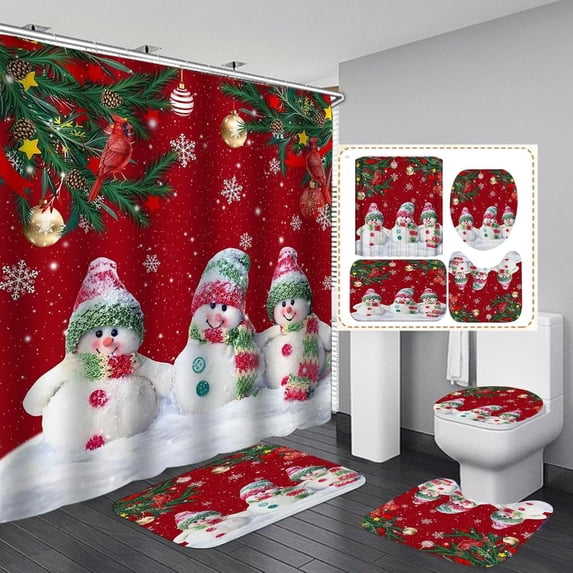 4PCS Christmas Shower Curtain Set, African American Black Santa Claus Christmas Tree Stocking Gift Fireplace Winter Holiday New Year Christmas Bathroom Decor, Non-slip Bath Mat Toilet Rug