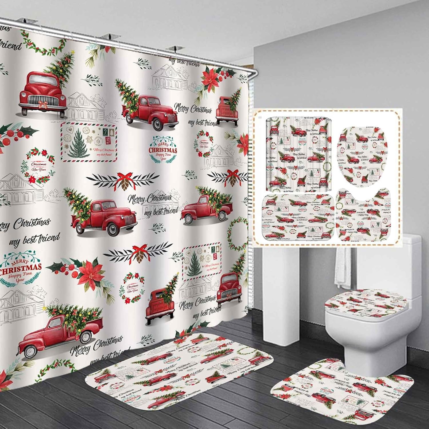 4PCS Christmas Shower Curtain Set, Green Pine Tree Branches Xmas Balls ...