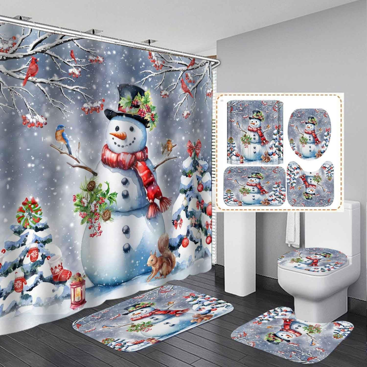4PCS Christmas Shower Curtain Set, Waterproof Fabric Green Shower ...