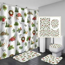 4PCS Christmas Shower Curtain Set, Waterproof Fabric Green Shower Curtain, Non-Slip Bath Mat Bathroom Rugs, Cute Gingerbread Man Xmas Tree Snowflake Candy Cane New Year Holiday Bathroom Decor