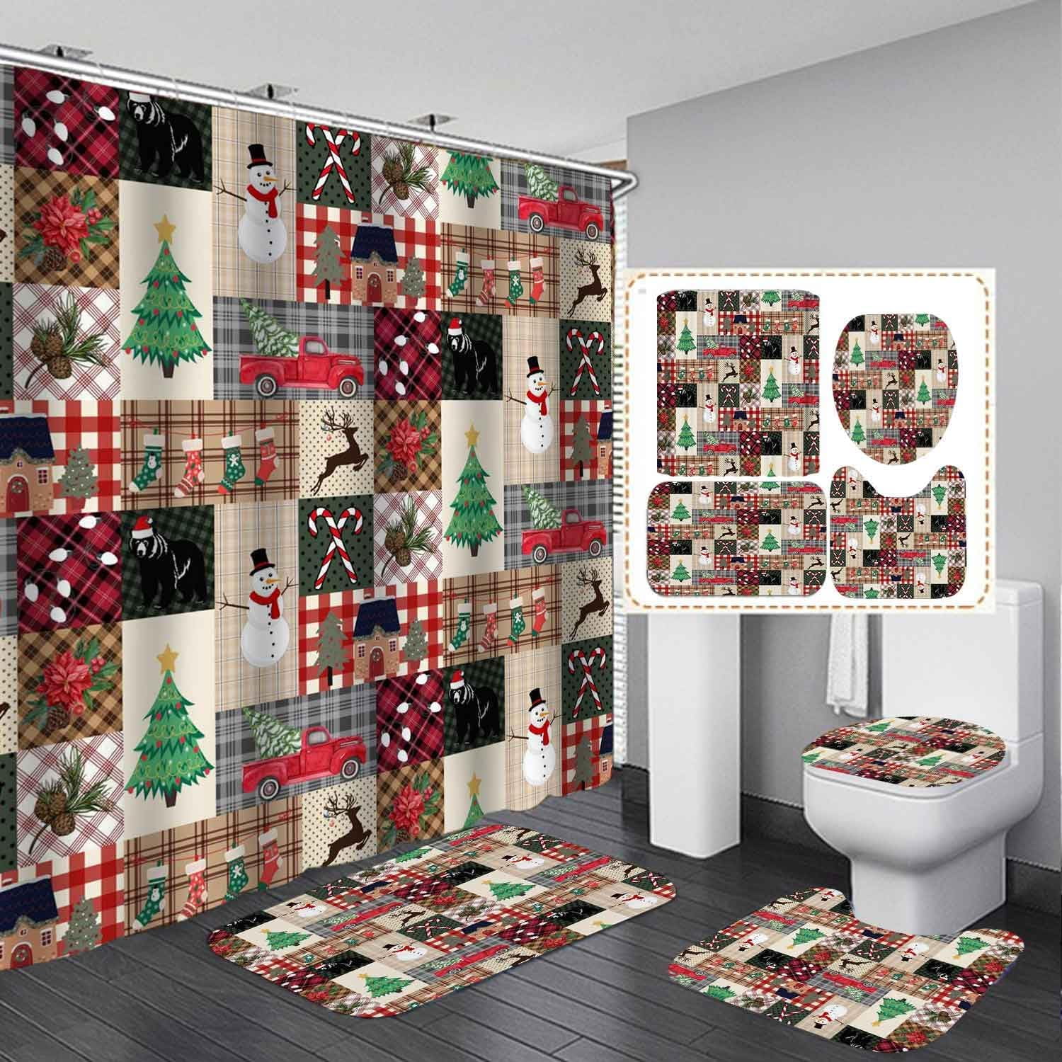 4PCS Christmas Shower Curtain Sets with Rugs, Waterproof Fabric Beige ...