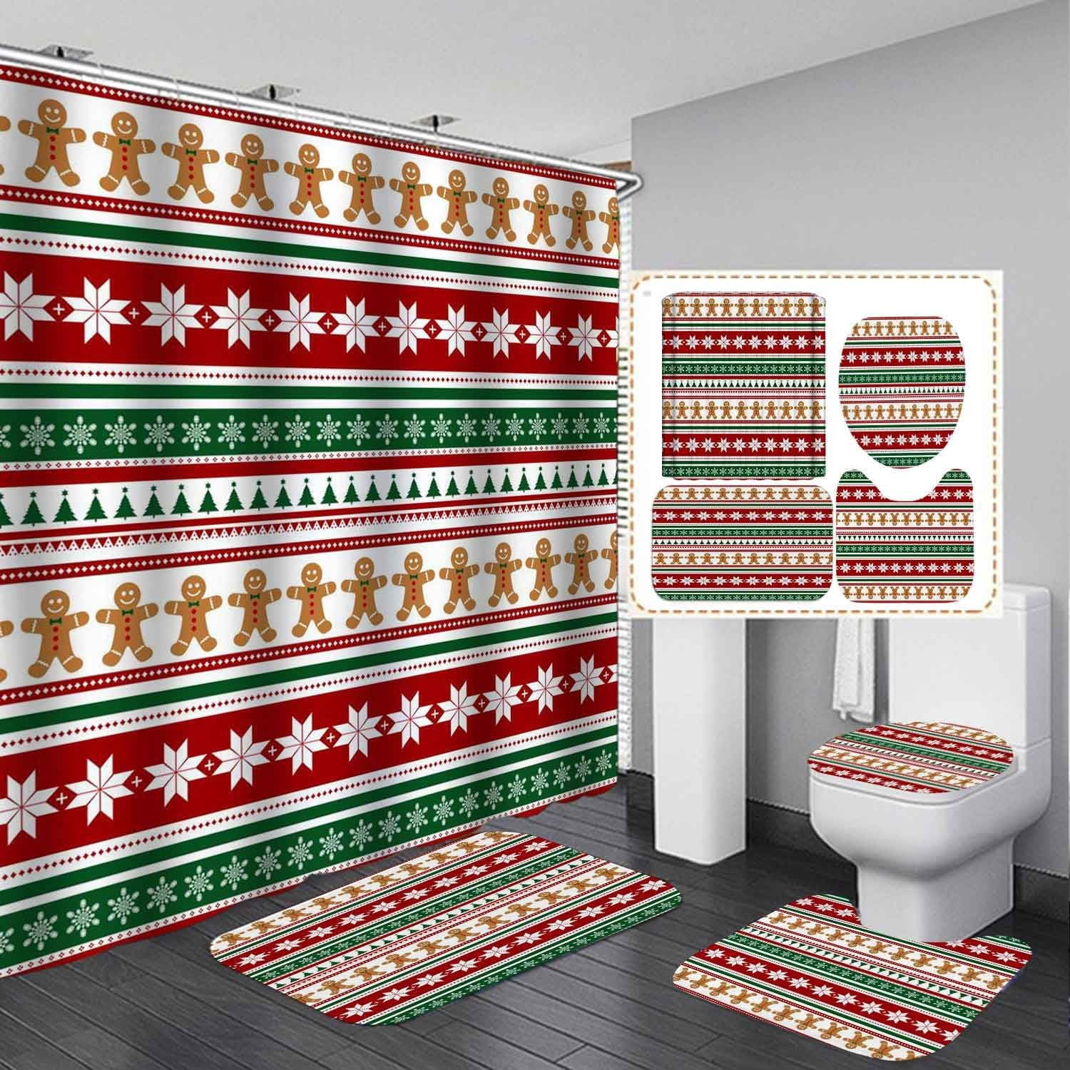 4PCS Christmas Shower Curtain Sets with Rugs, Waterproof Fabric Shower