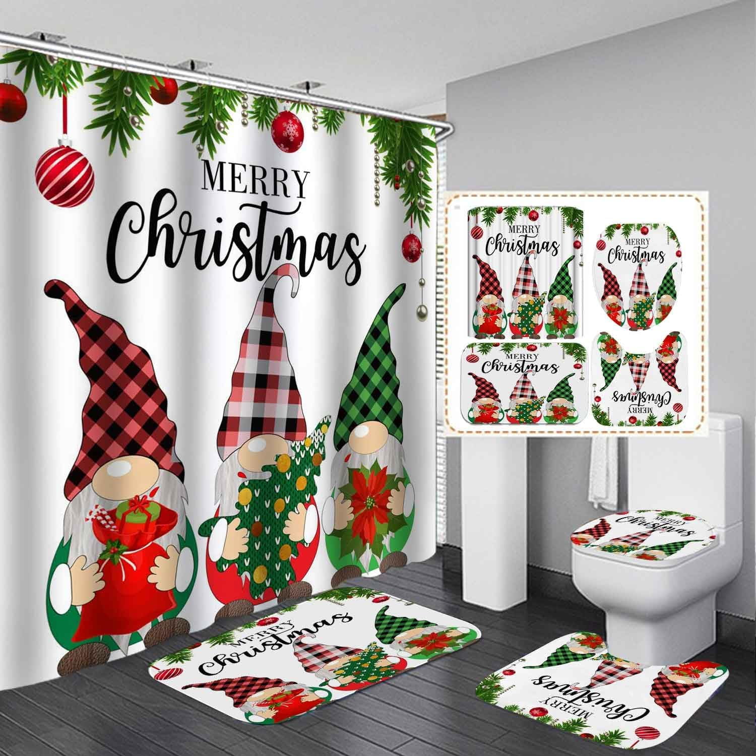 4PCS Christmas Shower Curtain Sets with Rugs, Waterproof Fabric Shower