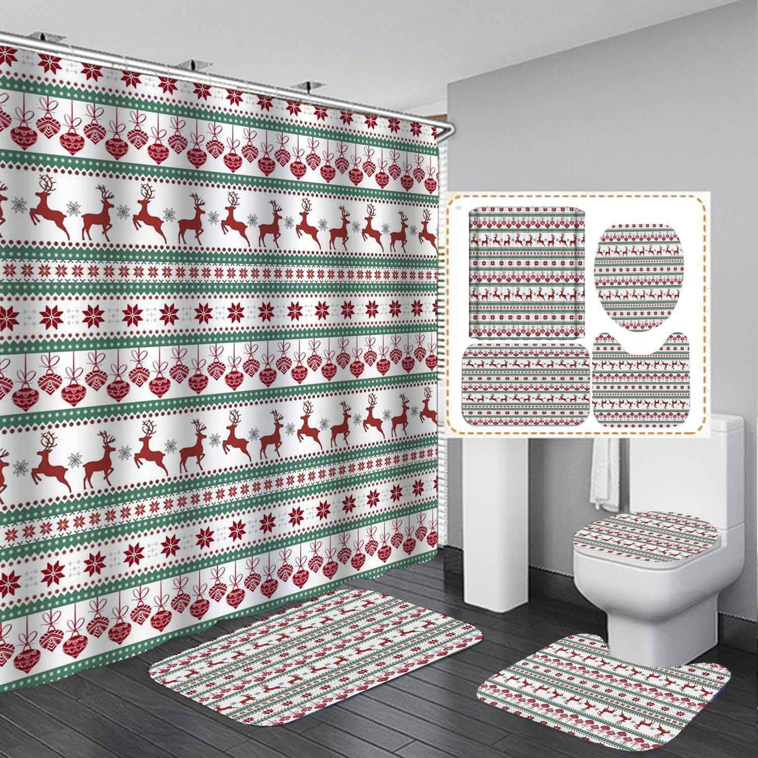 4PCS Christmas Shower Curtain Sets with Rugs, Waterproof Fabric Pink