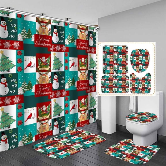 4PCS Christmas Black Santa Claus Shower Curtain Sets with Rugs, Waterproof Fabric Black Shower Curtain, Winter Snowflake Xmas Gifts Holiday African American Black Man Afro Men Bathroom Decor