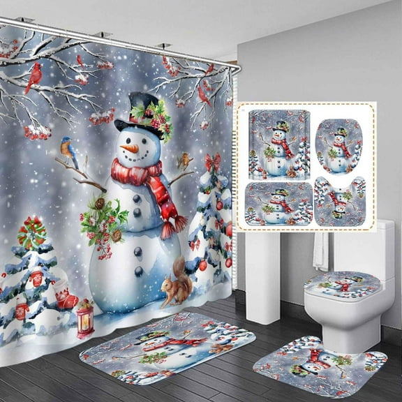 4PCS Christmas Snowman Shower Curtain Sets with Rugs, Waterproof Fabric Shower Curtain, Winter Xmas Tree Cardinal Birds Squirrel Red Berry Green Holly Holiday New Year Christmas Bathroom Decor