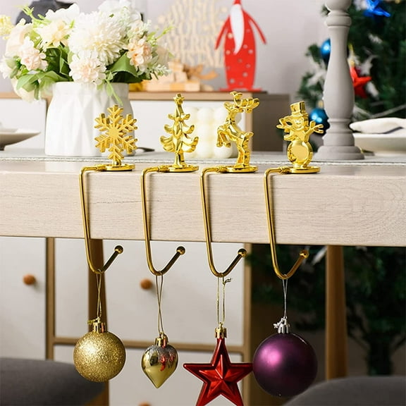 4PCS Christmas Stocking Hangers Stocking Holder for Mantel Set of 4, Mantle Clip Snowflake Deer Snowman Stocking Holder Hooks, No-slip Weighted Free Standing Stocking Holders Stand for Fireplace