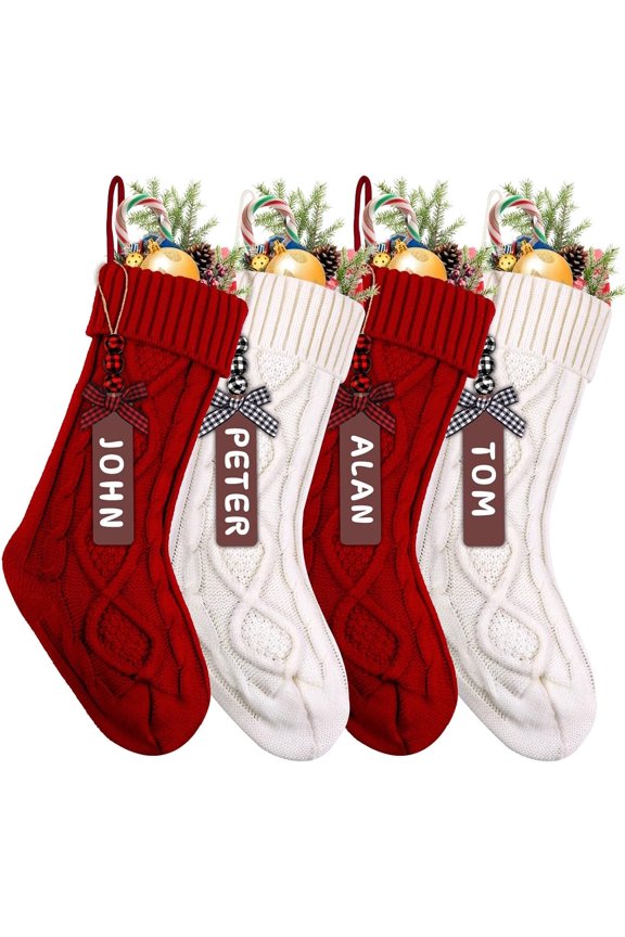 4PCS Christmas Stockings, 18inch Large Personalized Cable Knitted Xmas Hanging Stocking Decorations with Name Tags for Holiday Christmas Party Family Decor