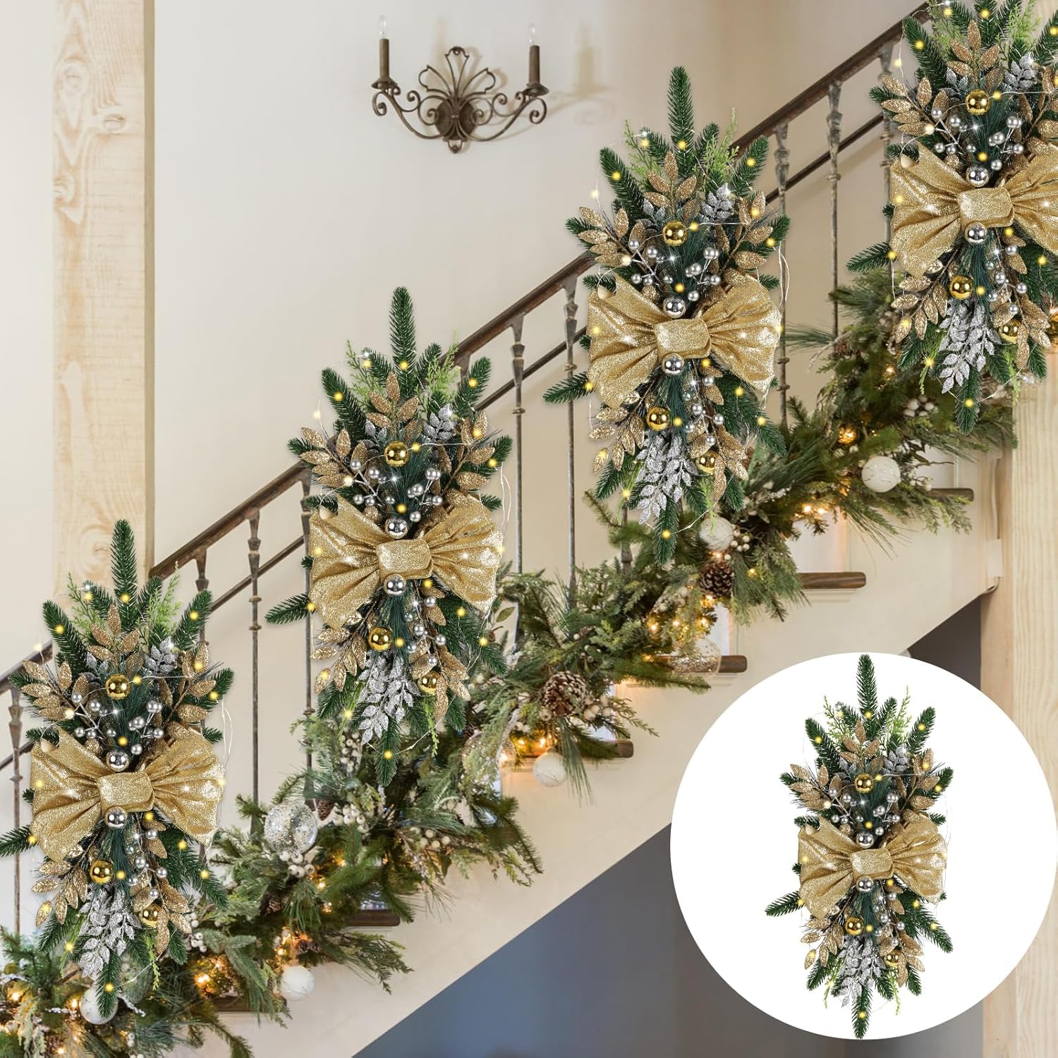 Wraeth Stairs 4PCS Christmas Teardrop Swag Christmas Wreaths 24'' Prelit Xmas ...
