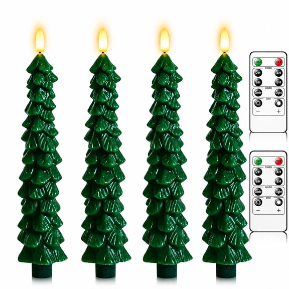 4PCS Christmas Tree Flameless Candles Battery Operated, Real Wax LED Taper Candles with Remote & Timer, 3D Flickering Candlesticks for Mantel Table Centerpiece Christmas Decorations