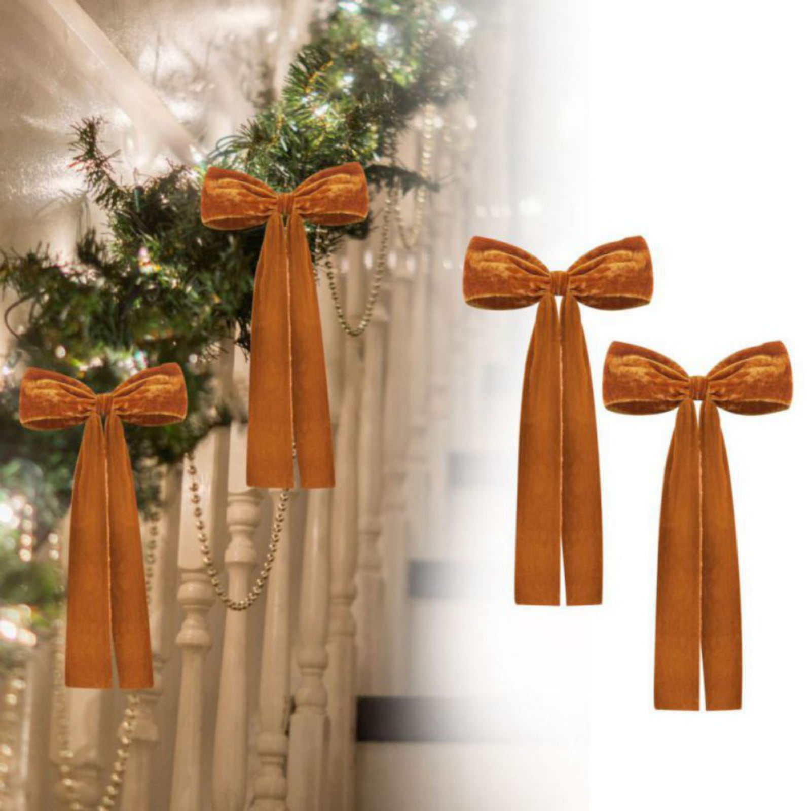 4PCS Christmas Velvet Ribbon Bows Large Fringe Holiday Tree Topper Vintage Raw Edge Bows for Christmas Tree,Stocking,Ornament,Rustic Crafts Bows for Xmas,Home Decor