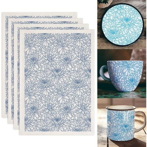 4PCS Chrysanthemum Underglaze Transfers for Pottery Floral Pattern Transfer Stickers Ceramic Decals Ceramic Underglaze Transfers for Pottery Overglaze Enamel Decal Waterslide Decal Blue