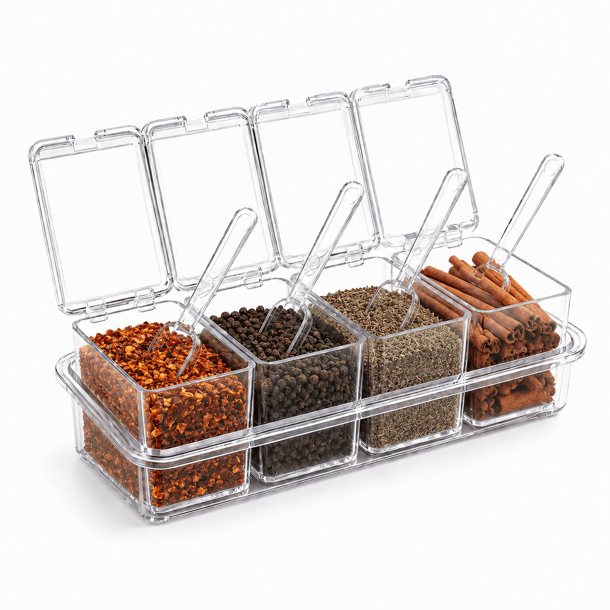 4PCS Clear Condiment Containers with Lids, Condiment Caddy with Spoon & Cover, Acrylic Seasoning Box Set, Ideal Seasoning Organizer for Toppings, Salt, Sugar