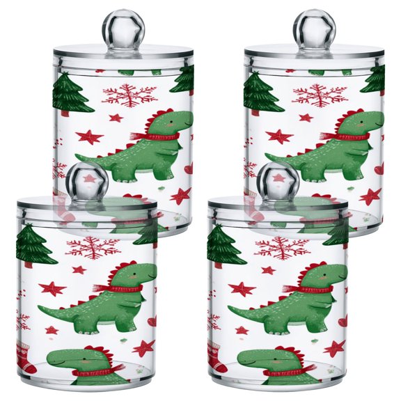 4PCS Clear Storage Jars Cotton Swabs Cans Translucent Plasticental Floss Cans Cotton Pads Cans Bathroom Canisters Little Green Dinosaur
