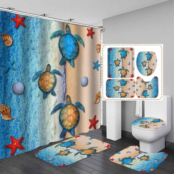 4PCS Coastal Sea Turtle Shower Curtain Sets with Rugs, Waterproof Fabric White Shower Curtain, Ocean Animal Fish Teal Coral Seaweed Blue Starfish Seashell Conch Nautical Beach Bathroom Decor
