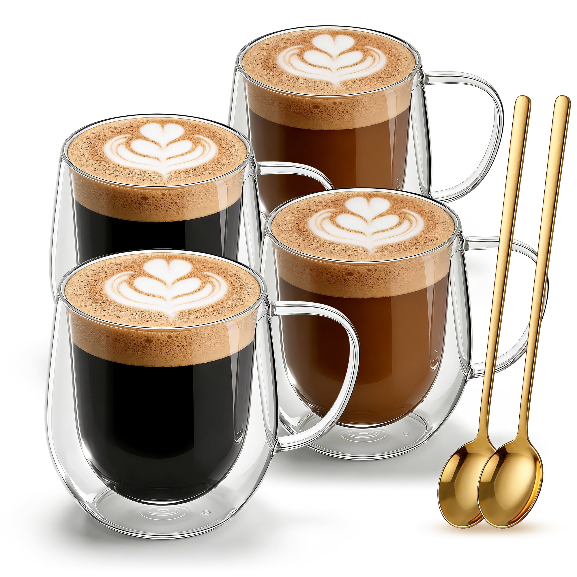 4PCS Coffee Mugs, Transparent Glass Cup With Spoons, Large Capacity, Espresso Mug Set, Latte Mug, Americano Cappuccino Mug, Latte,Breakfast Cup, Milk Cup, Durable& Easy To Clean,350ml/11oz