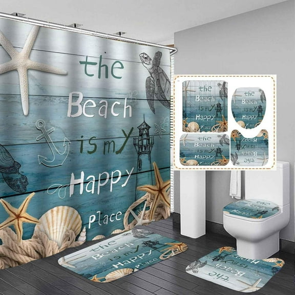 4PCS Colorful Flip Flops Shower Curtain Sets with Rugs, Waterproof Fabric Beige Shower Curtain, Summer Starfish Seashell Fruit Watermelon Floral Hawaiian Holiday Coastal Beach Bathroom Decor