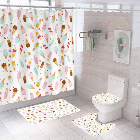 4PCS Colorful Ice Cream Shower Curtain Sets with Rugs, Kids Shower Curtain, Waterproof Fabric White Shower Curtain, Summer Popsicle Strawberry Fruit Sweet Food Dessert Cartoon Bathroom Decor