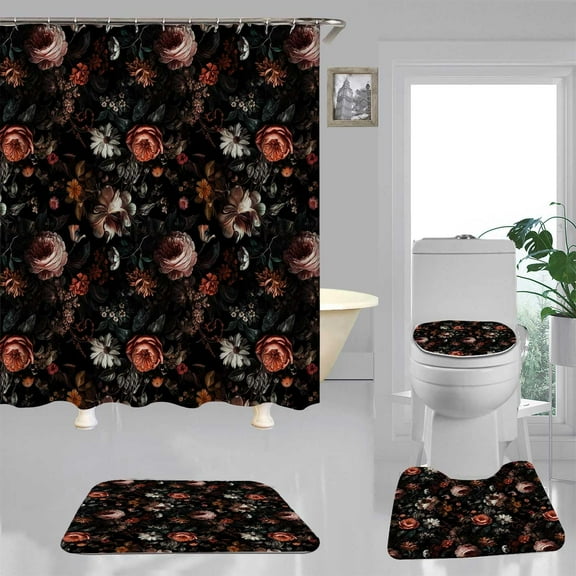 4PCS Colorful Leaves Floral Shower Curtain Sets, Waterproof Fabric White Shower Curtain, Non-Slip Bath Mat Bathroom Rugs Watercolor Flower Plant Botanical Bird Nature Boho Floral Bathroom Decor