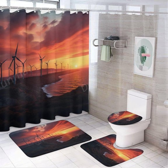 4PCS Colorful Ocean Bathroom Set with Rugs and Toilet Lid Cover Vintage Beautiful Sunset Scenery Waterproof Shower Curtain Set for Bathroom Decor