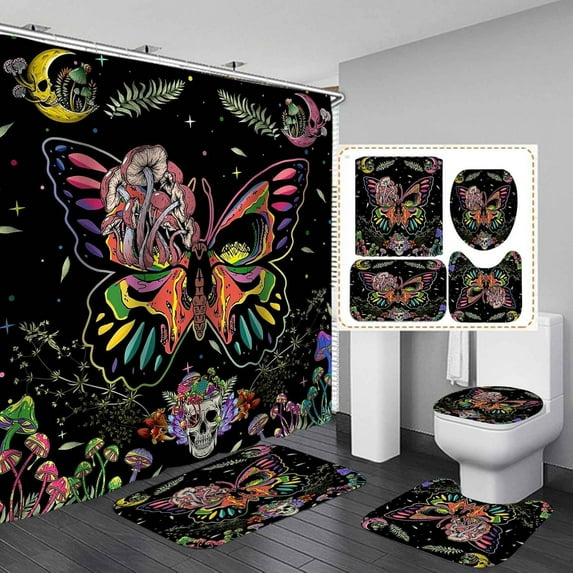 4PCS Skull Shower Curtain Set, Rock and Roll Black and White Skeleton Bat Gothic Cool Men Bathroom Decor, Waterproof Fabric Shower Curtain, Non-Slip Bath Mat Bathroom Rugs Toilet Rug